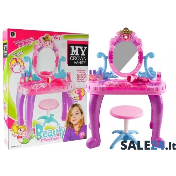 Vaikiškas grožio staliukas su kėdute ir apšvietimu "Crown"