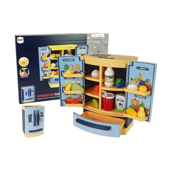 Žaislinis šaldytuvas su produktais, šviečiantis ir grojantis, mėlynas